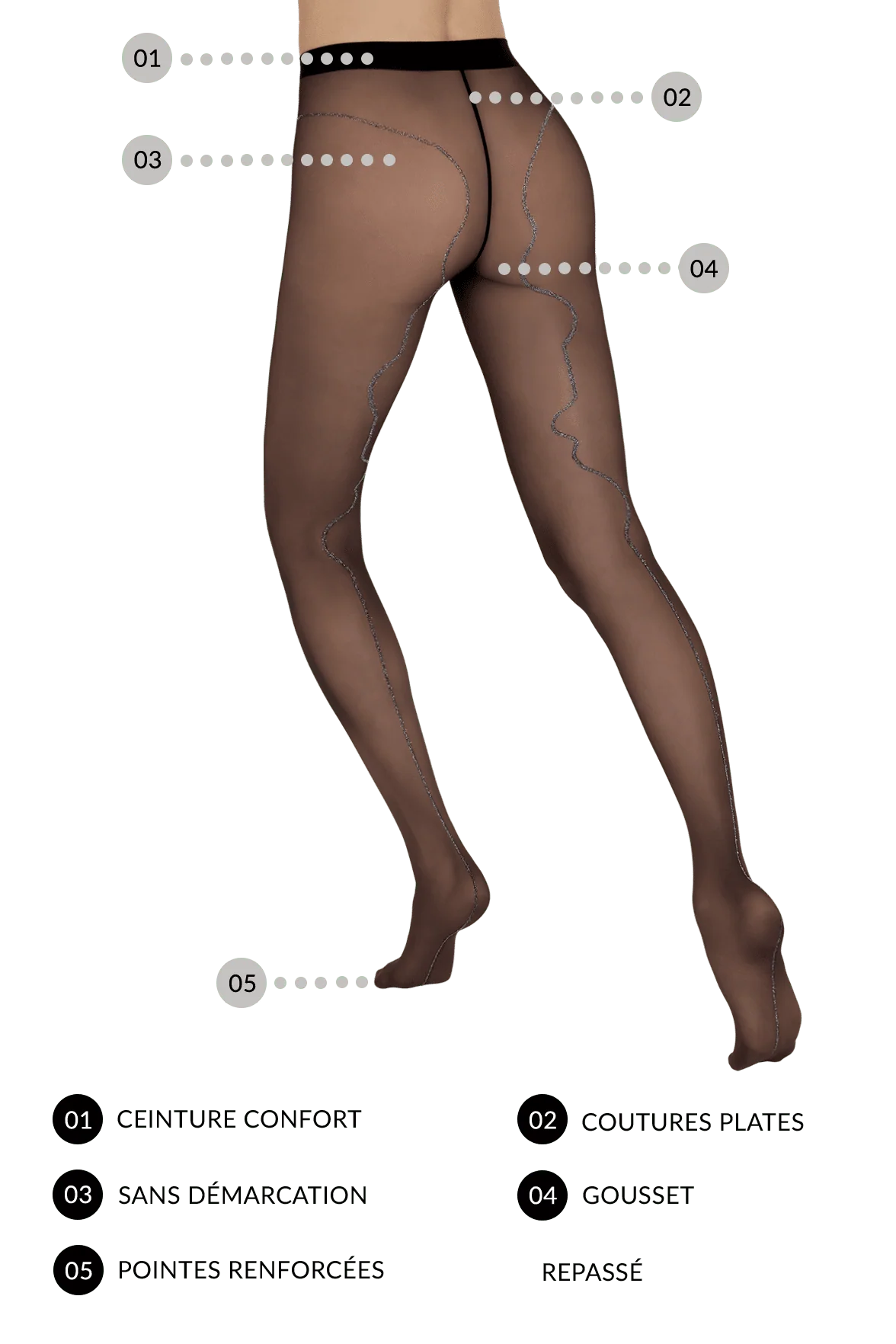 Collant Semi-Opaque Motif Baguette Avant-Arrière 30D Création - Noir / Argent - Image 3