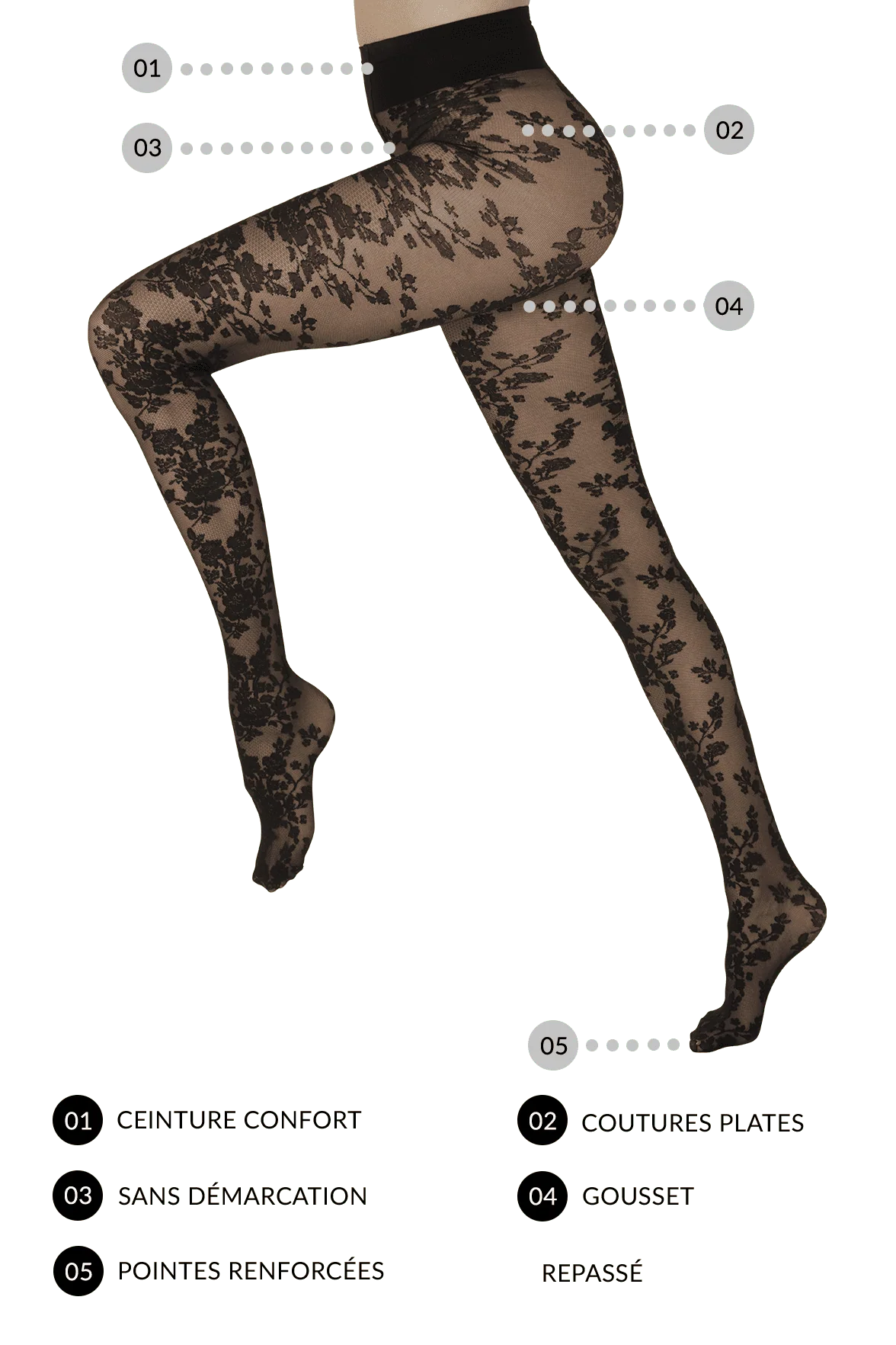 Collant Transparent Motif Dentelle Floral 20D Création - Noir - Image 3