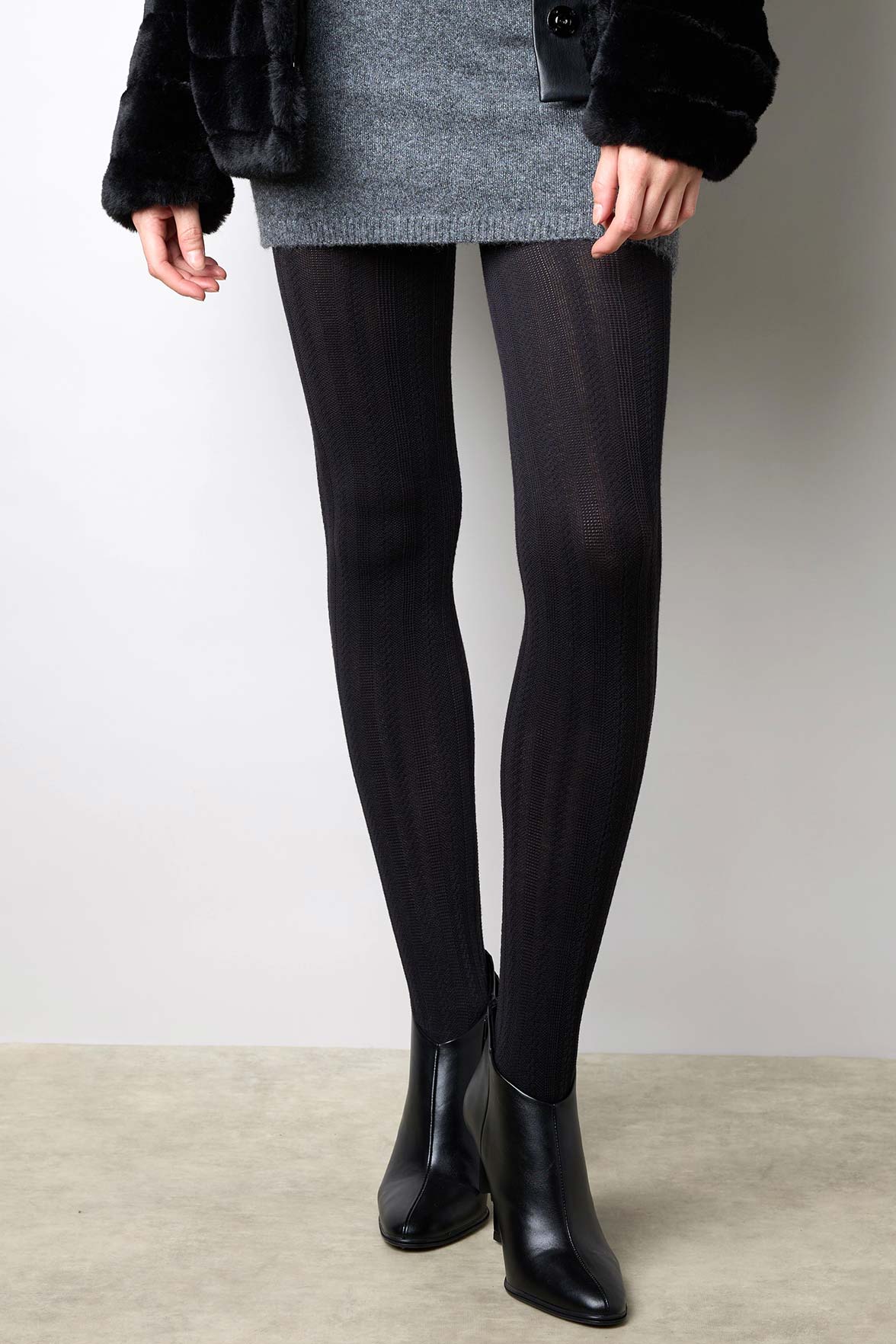 Collant Opaque Coton Fantaisie Motif Torsades Matière - Noir - Image 3