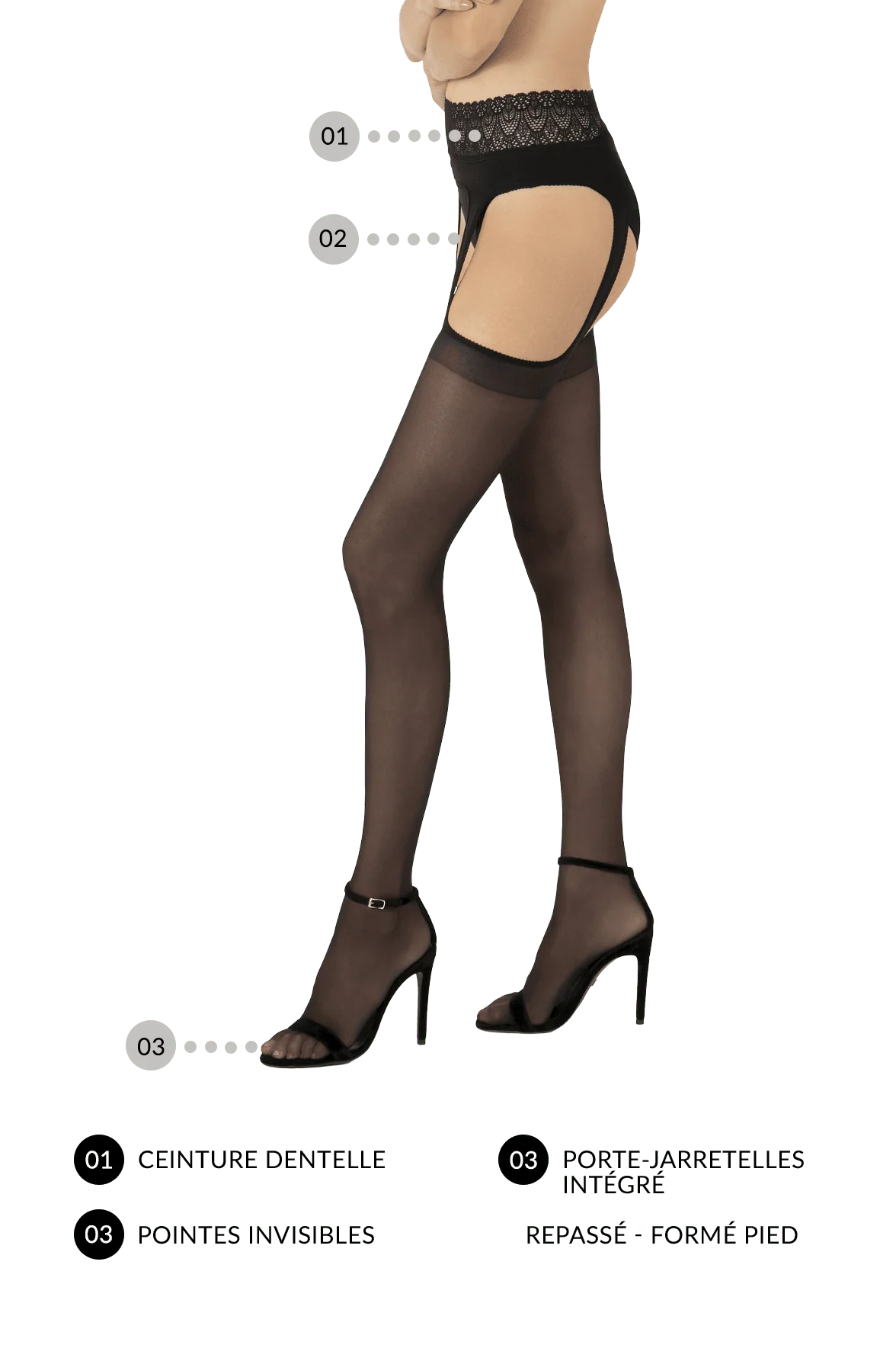 Collant Satiné Ceinture Dentelle et Porte-Jarretelles Intégré 20d - Noir - Image 3
