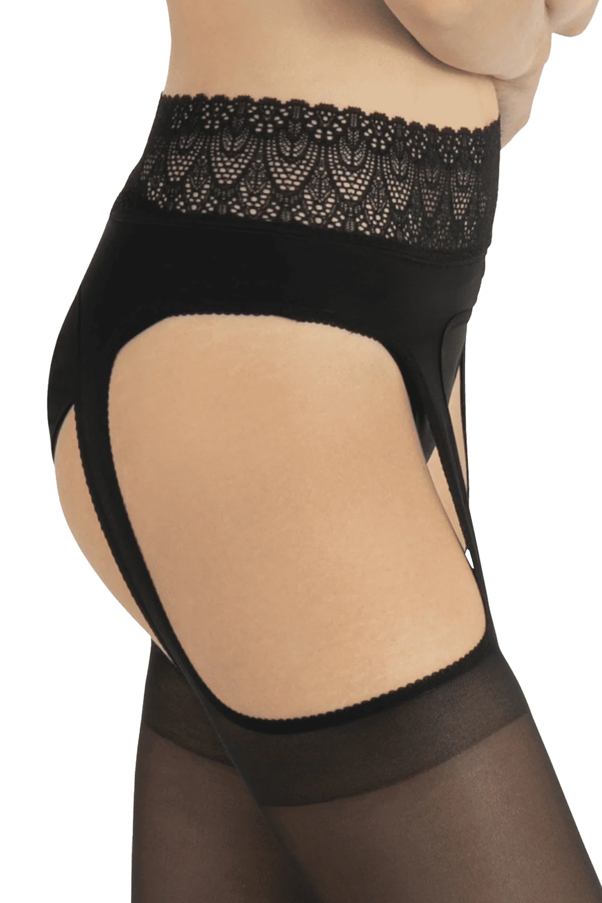Collant Satiné Ceinture Dentelle et Porte-Jarretelles Intégré 20d - Noir - Image 4